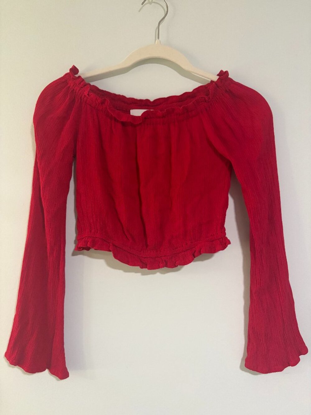 Ten Sixty Sherman Red Off the Shoulder Bell Sleeve Gauze Crop Top Small